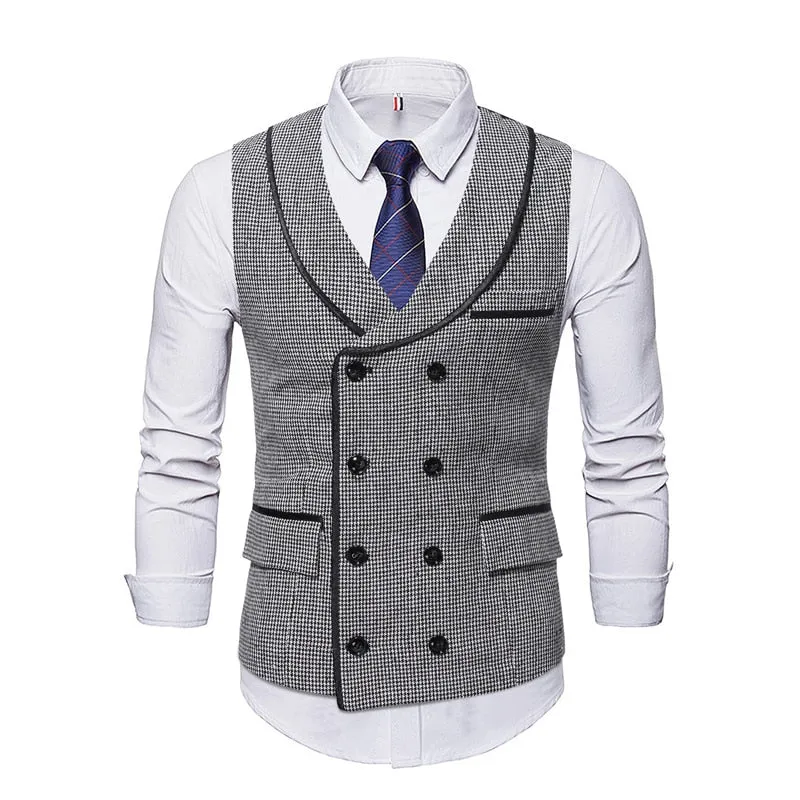 High Quality Mens Plaid Suits Vests Fashion Woolen Patchwork Double Breasted Steampunk Jackets Wedding Slim Fit Chaleco Hombre