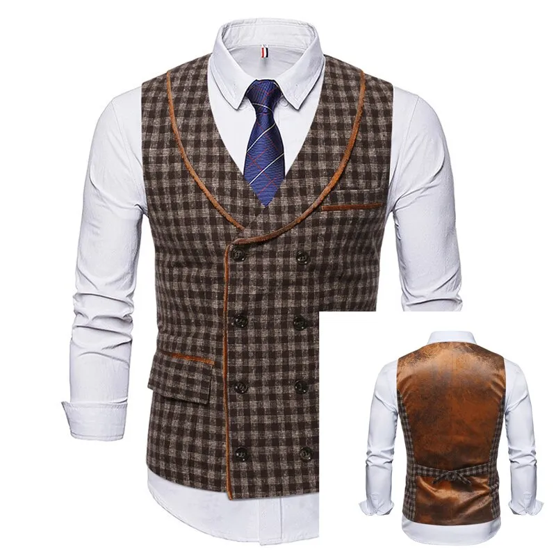 High Quality Mens Plaid Suits Vests Fashion Woolen Patchwork Double Breasted Steampunk Jackets Wedding Slim Fit Chaleco Hombre