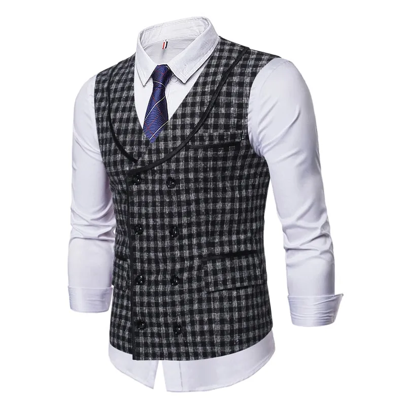 High Quality Mens Plaid Suits Vests Fashion Woolen Patchwork Double Breasted Steampunk Jackets Wedding Slim Fit Chaleco Hombre