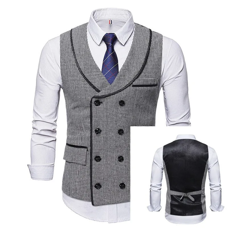 High Quality Mens Plaid Suits Vests Fashion Woolen Patchwork Double Breasted Steampunk Jackets Wedding Slim Fit Chaleco Hombre