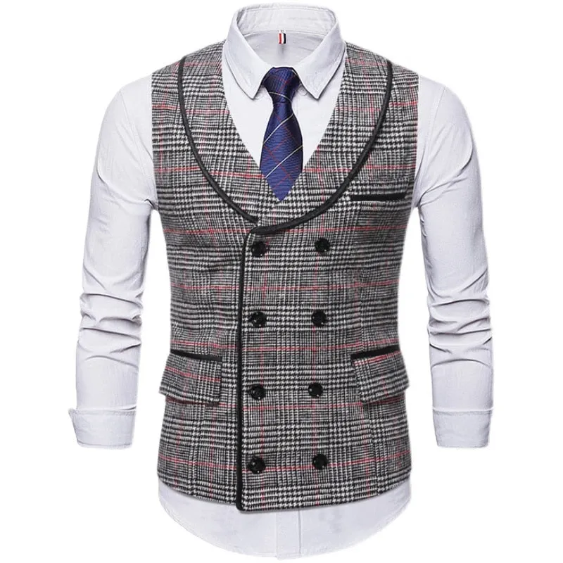 High Quality Mens Plaid Suits Vests Fashion Woolen Patchwork Double Breasted Steampunk Jackets Wedding Slim Fit Chaleco Hombre