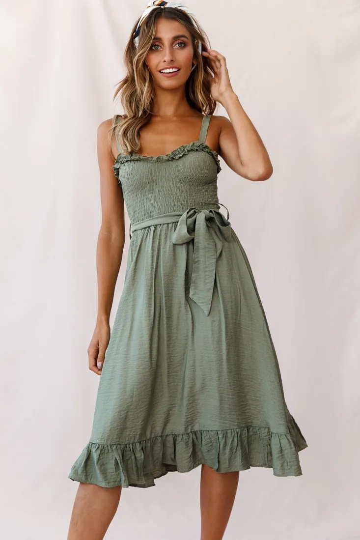 Honey Shirred Frill Midi Dress Olive