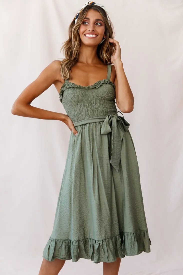 Honey Shirred Frill Midi Dress Olive