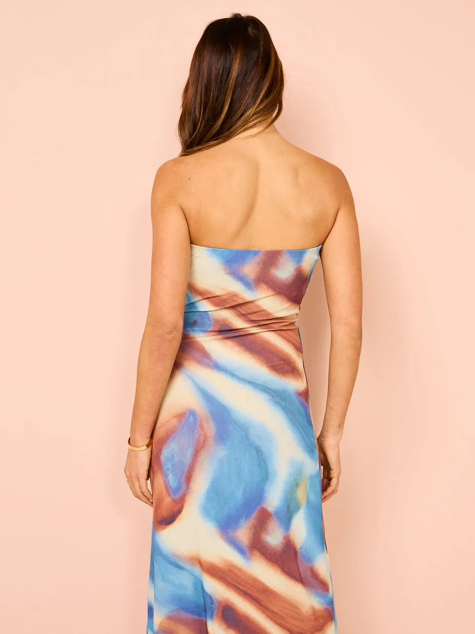 Issy Strapless Maxi Dress in Blue Marble