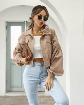 Jackets for Women Lantern Sleeve Cropped Bomber Jacket Overcoat Outwear Fashion Spring Vintage Corduroy Autumn Winter Coat