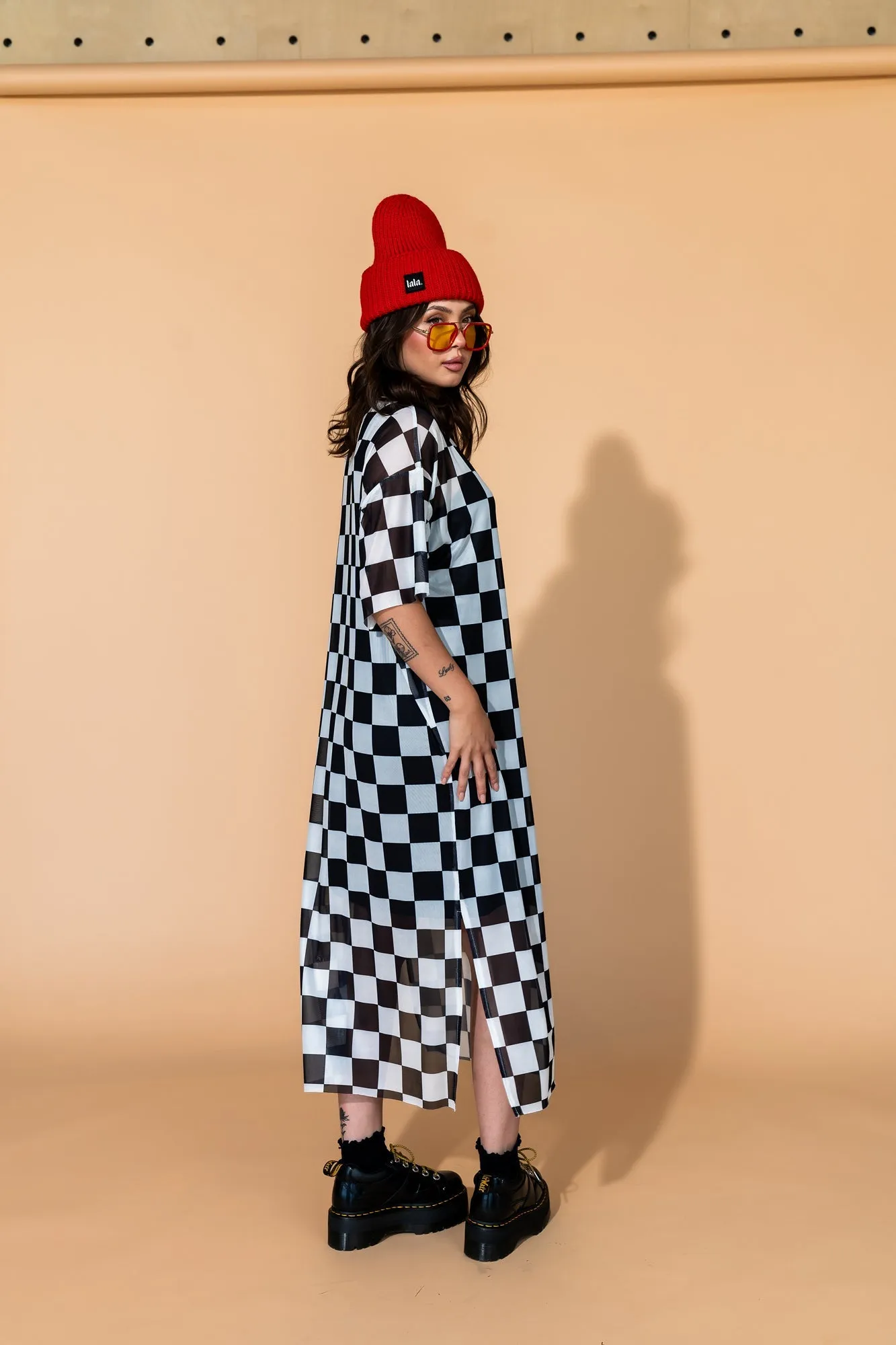 Karma Oversized Mesh Dress   Slip in Checkerboard