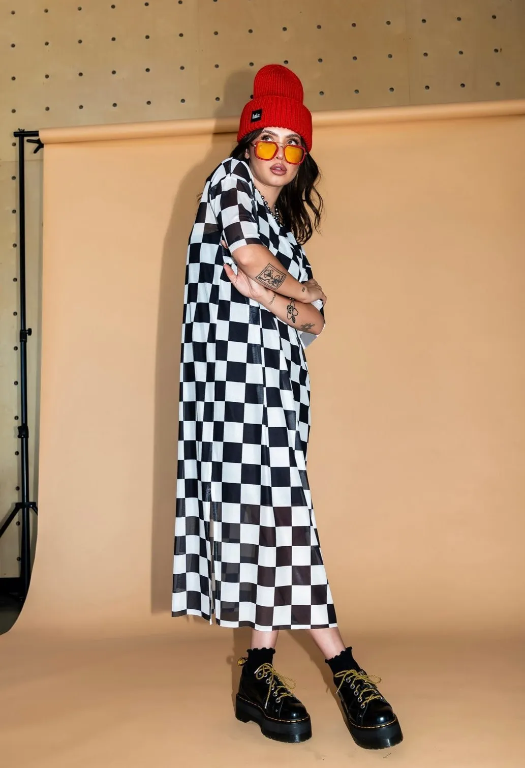 Karma Oversized Mesh Dress   Slip in Checkerboard