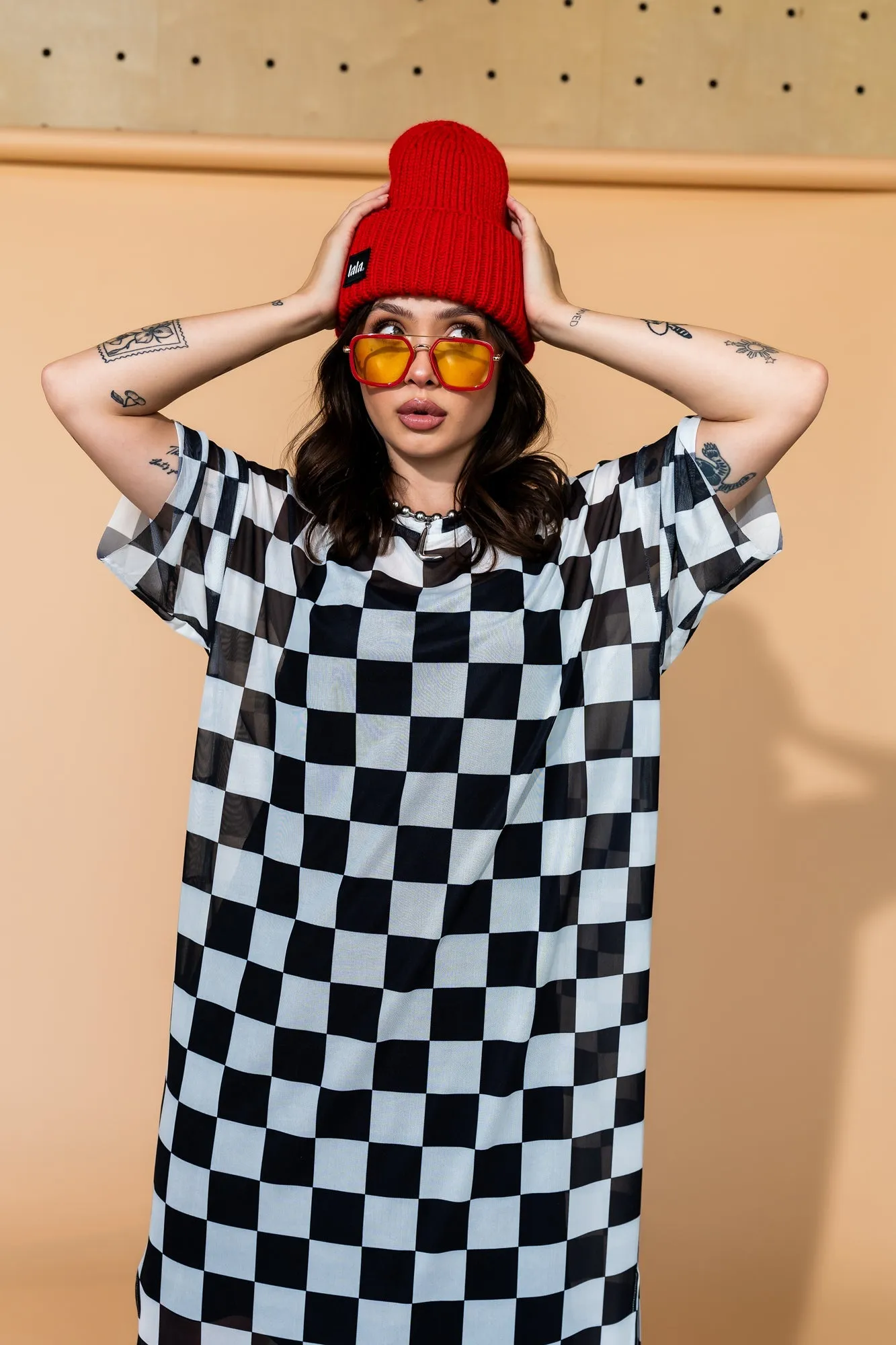 Karma Oversized Mesh Dress   Slip in Checkerboard