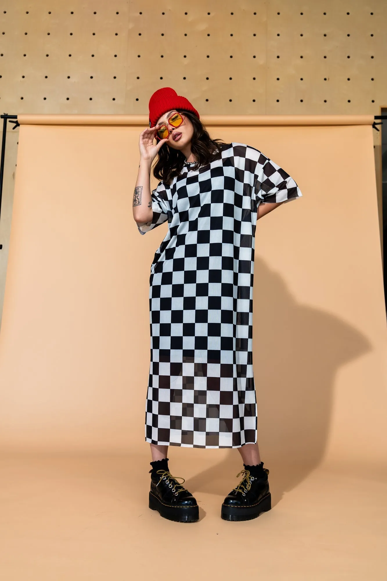 Karma Oversized Mesh Dress   Slip in Checkerboard