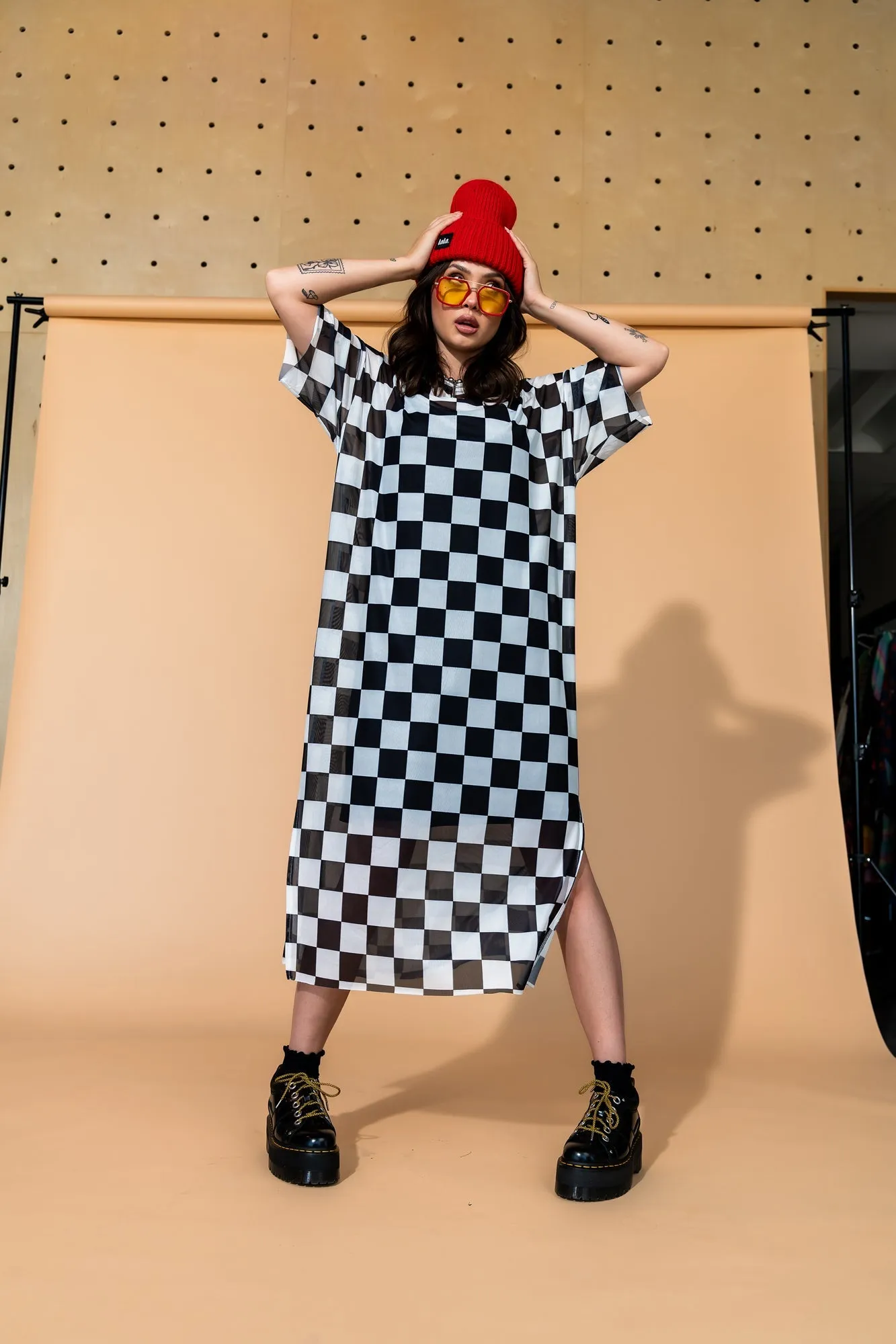 Karma Oversized Mesh Dress   Slip in Checkerboard