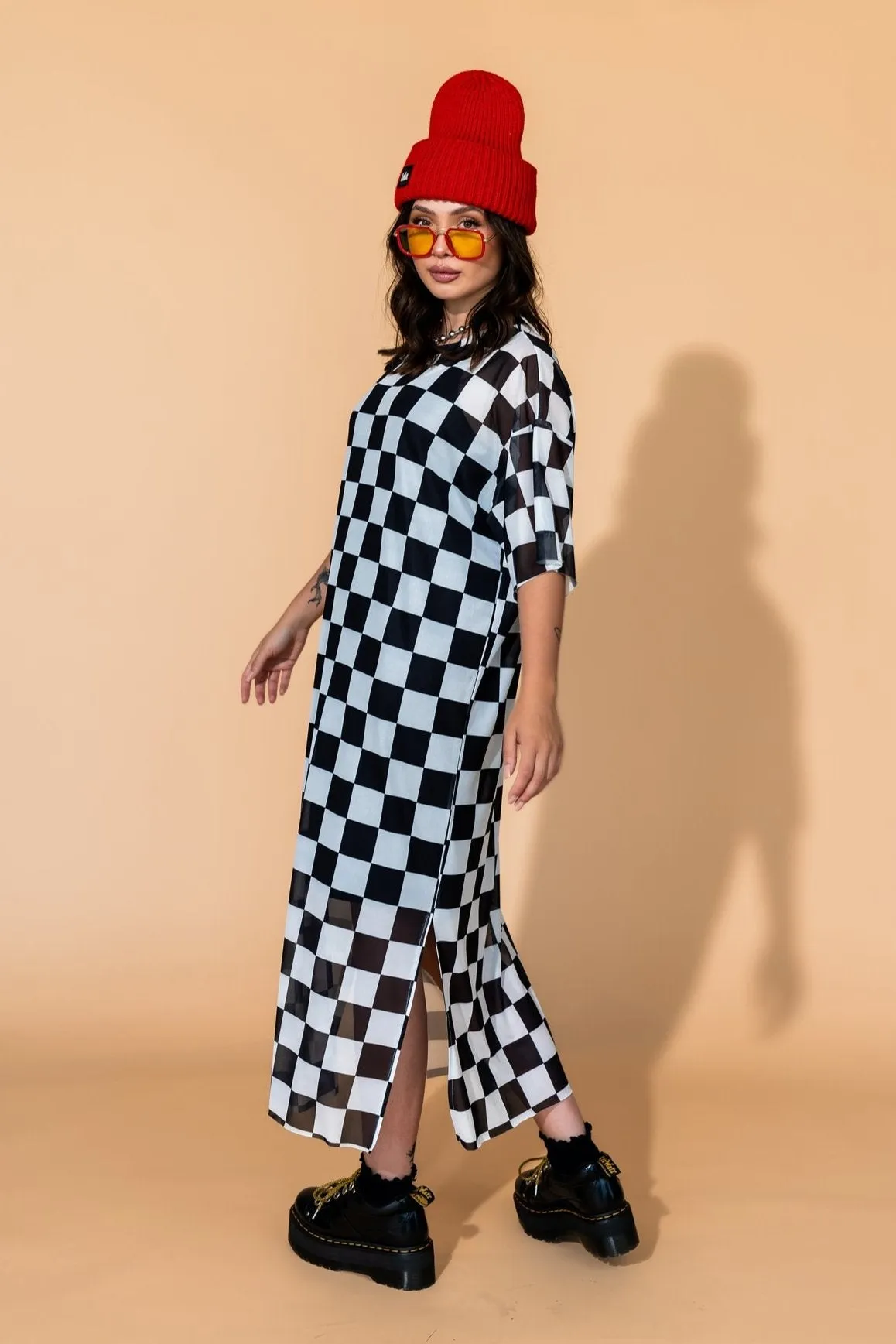 Karma Oversized Mesh Dress   Slip in Checkerboard