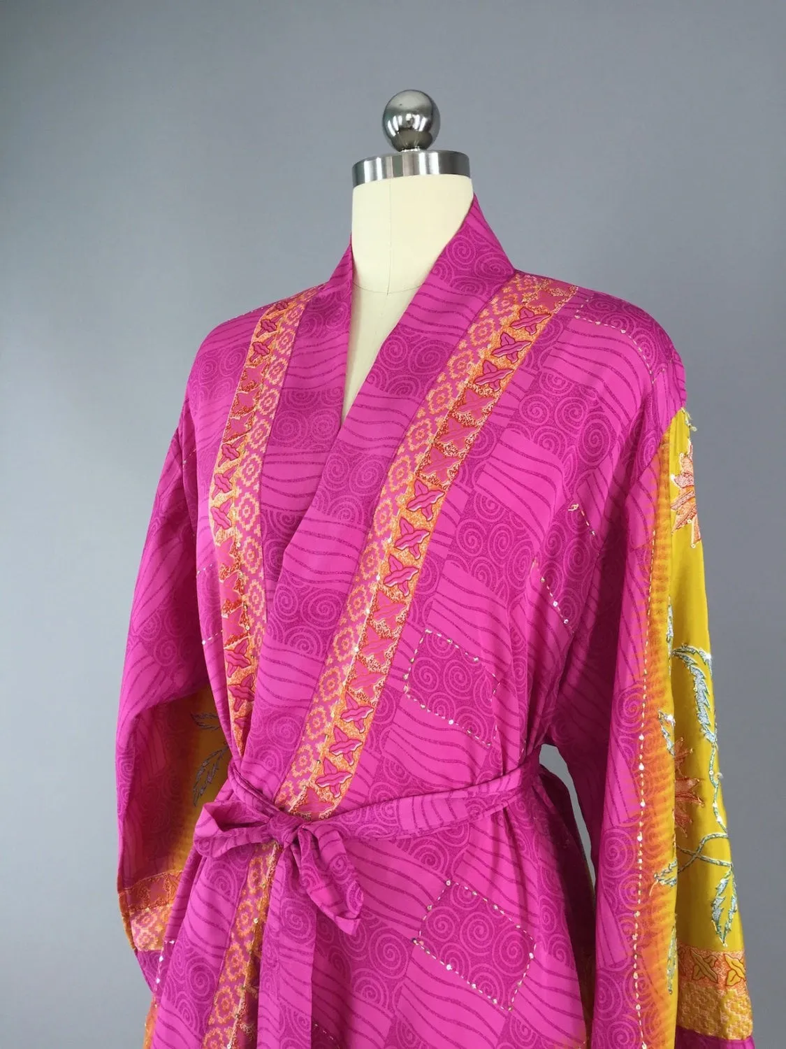 Kimono Cardigan / Vintage Indian Sari / Pink Yellow Floral Embroidered