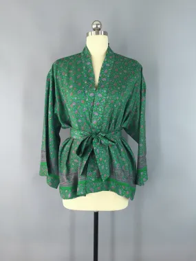 Kimono Jacket / Vintage Indian Sari / Green Floral Print