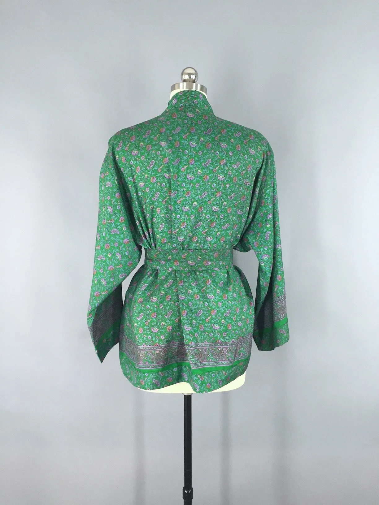 Kimono Jacket / Vintage Indian Sari / Green Floral Print