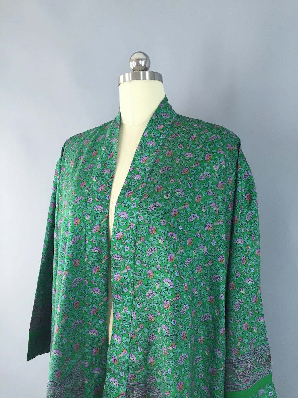 Kimono Jacket / Vintage Indian Sari / Green Floral Print