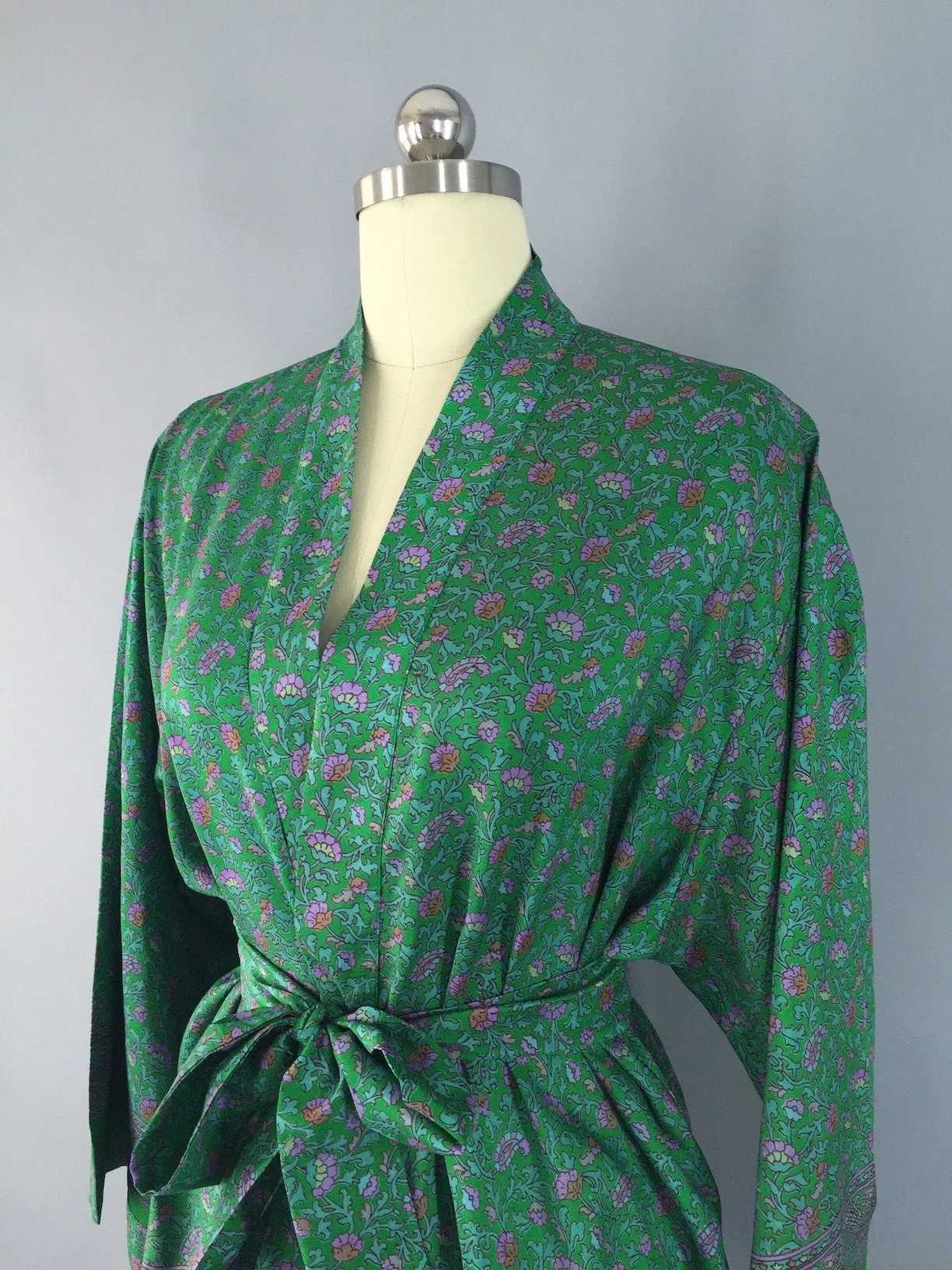 Kimono Jacket / Vintage Indian Sari / Green Floral Print