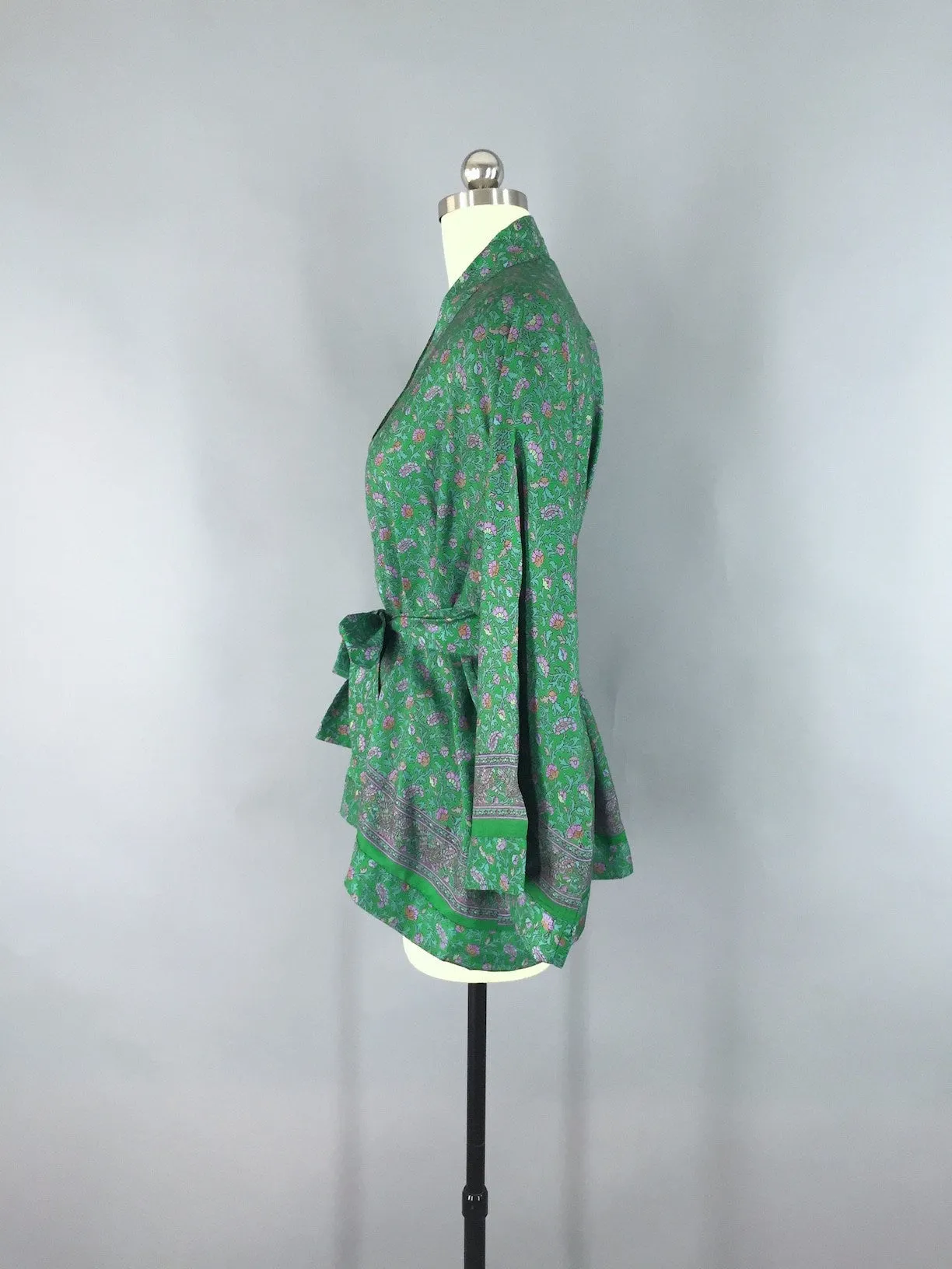 Kimono Jacket / Vintage Indian Sari / Green Floral Print