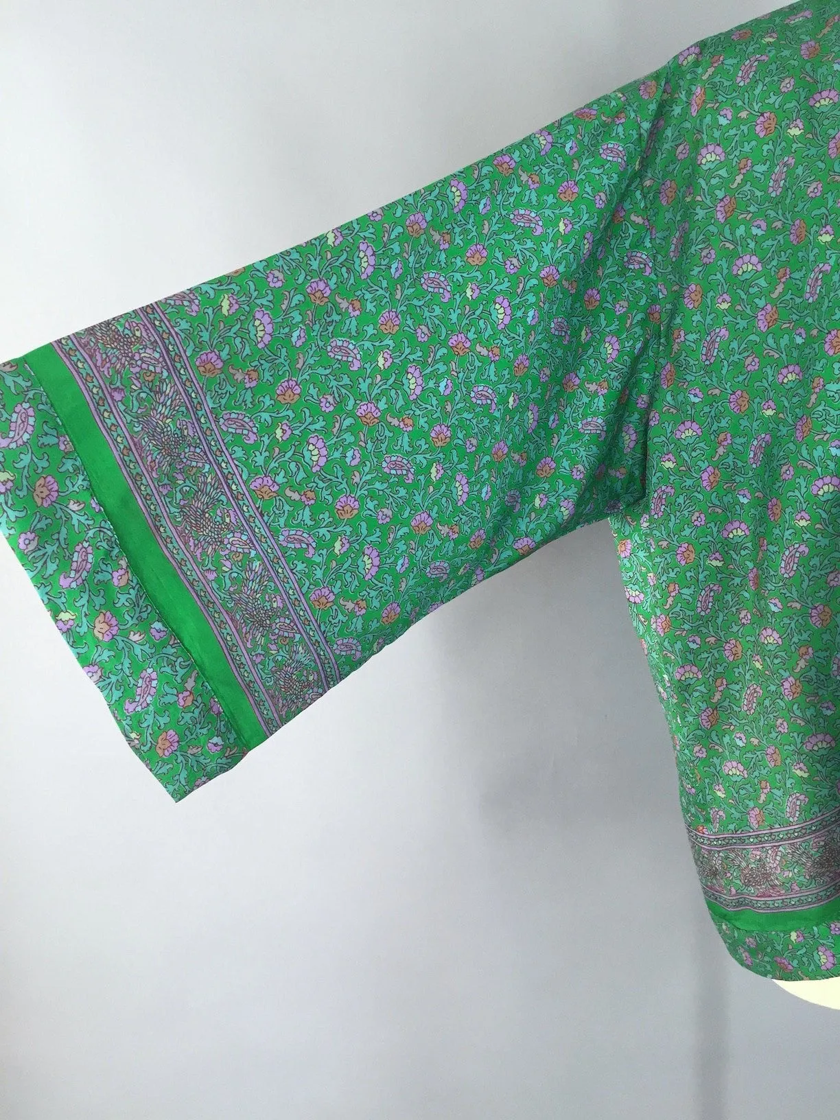 Kimono Jacket / Vintage Indian Sari / Green Floral Print