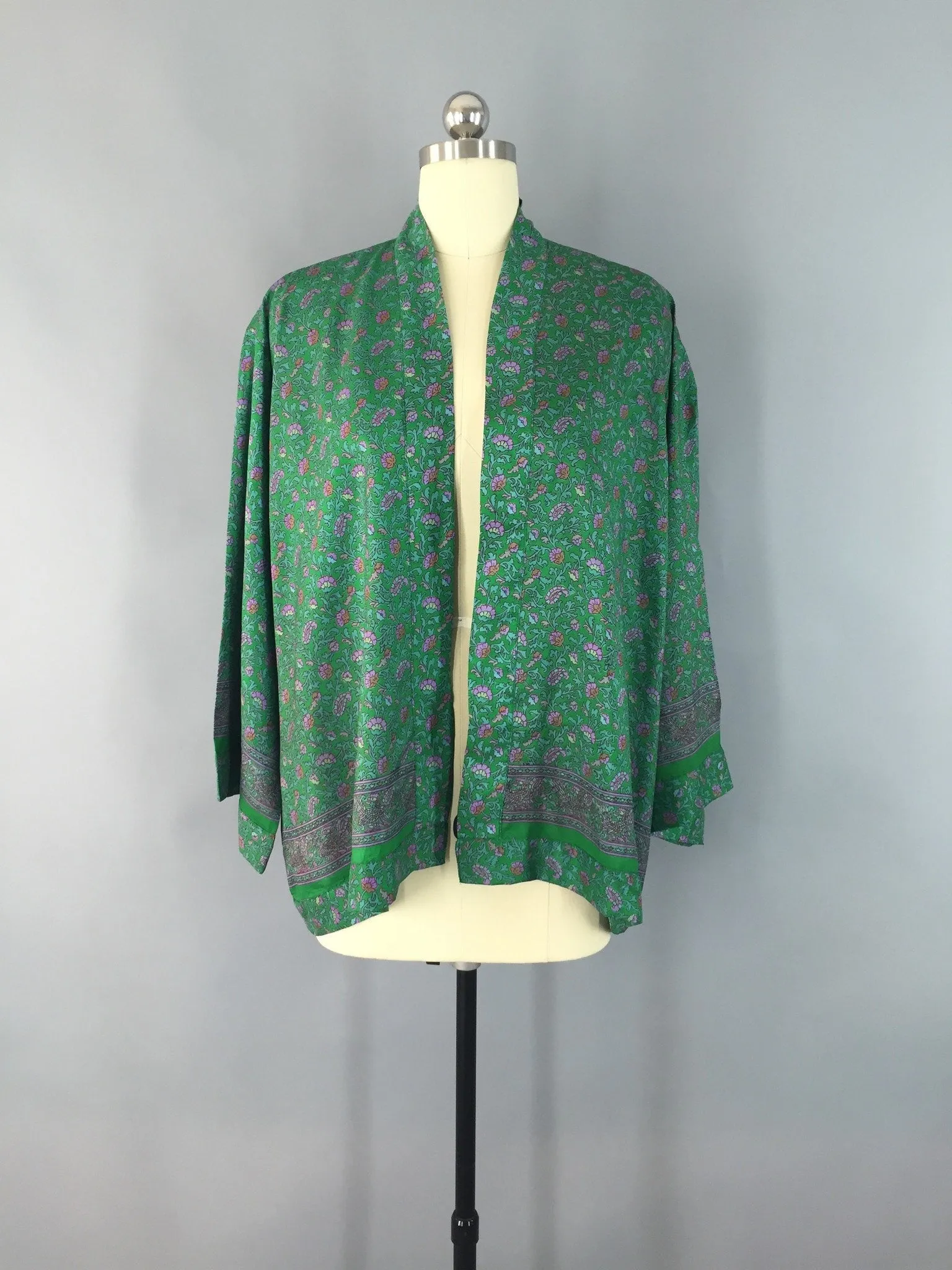 Kimono Jacket / Vintage Indian Sari / Green Floral Print