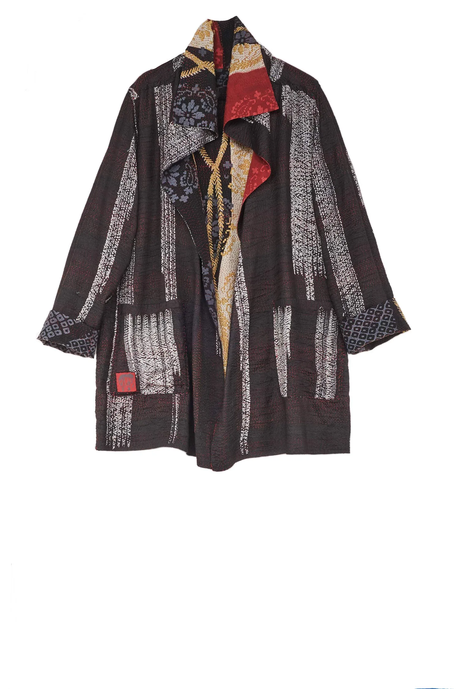 KIMONO PRINT KANTHA POCKET JKT - kp2002-blk -