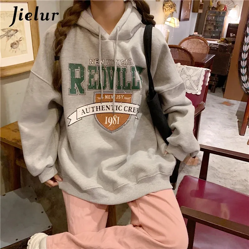 Korean Fashion Hoodies for Women Hooded Warm Fleece Gray White Sweatshirt Female Winter Loose Leisure M-XL Size Print Top