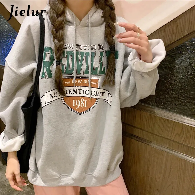 Korean Fashion Hoodies for Women Hooded Warm Fleece Gray White Sweatshirt Female Winter Loose Leisure M-XL Size Print Top