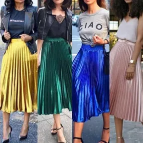 Long Metallic Silver Maxi Pleated Skirt Midi Skirt High Waist Casual Party Skirt