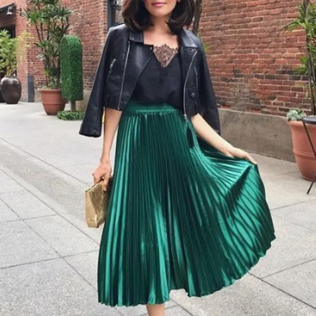 Long Metallic Silver Maxi Pleated Skirt Midi Skirt High Waist Casual Party Skirt