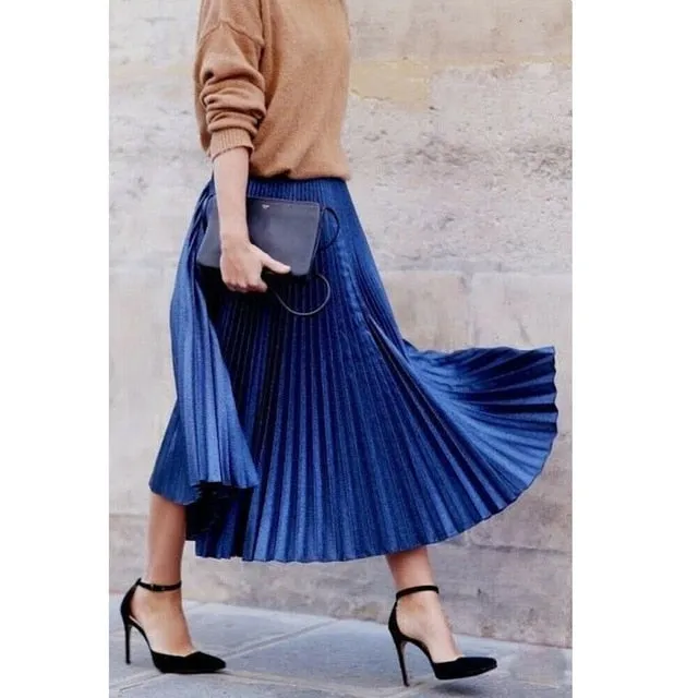 Long Metallic Silver Maxi Pleated Skirt Midi Skirt High Waist Casual Party Skirt