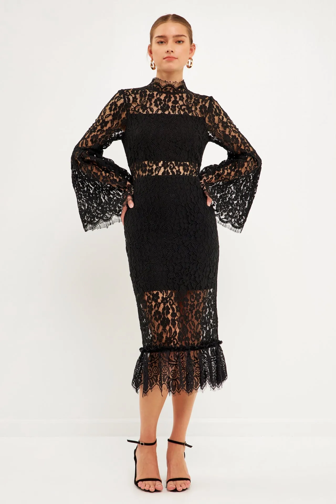 Long-Sleeved Lace Midi Dress