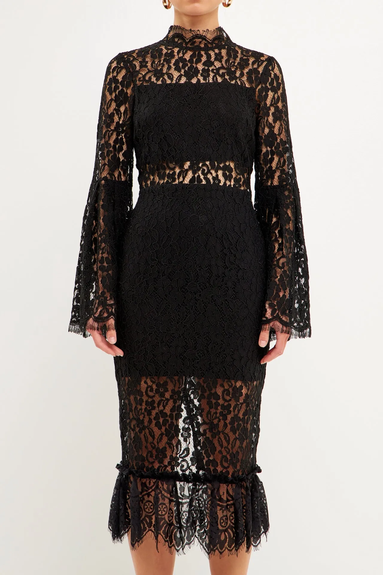 Long-Sleeved Lace Midi Dress