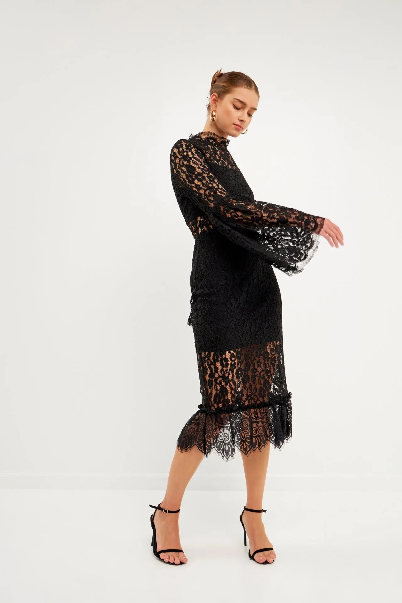 Long-Sleeved Lace Midi Dress