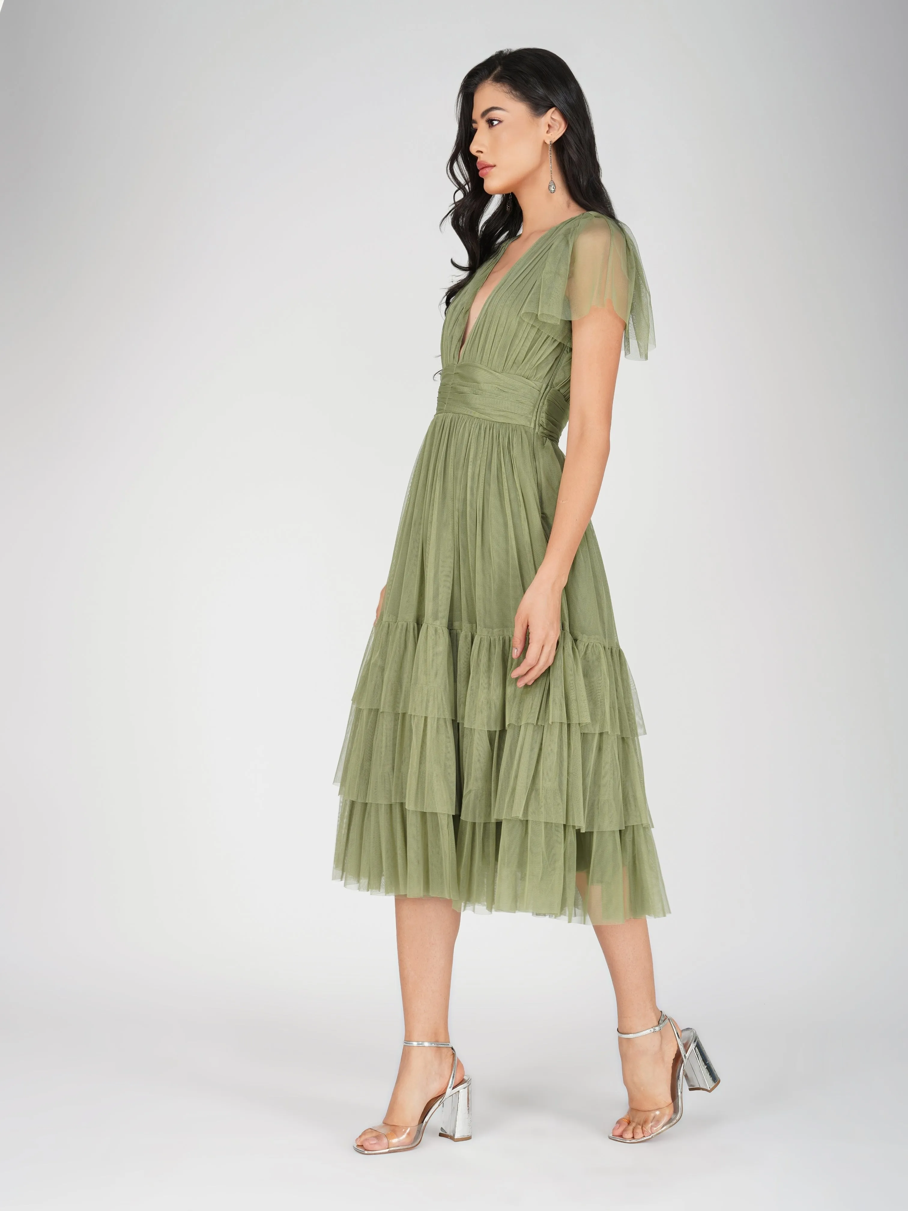 Madison Soft Olive Tulle Bridesmaid Midi Dress