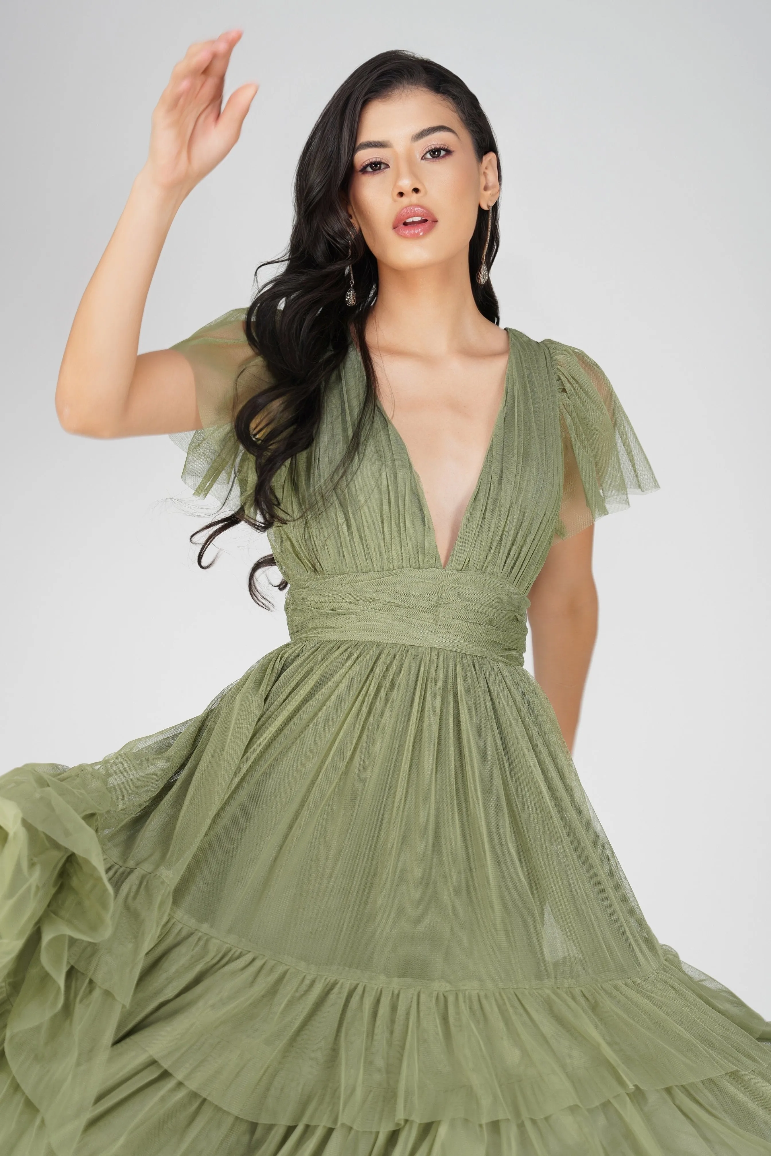 Madison Soft Olive Tulle Bridesmaid Midi Dress