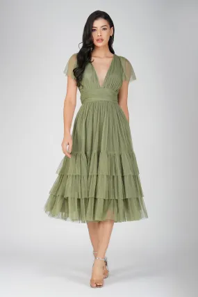 Madison Soft Olive Tulle Bridesmaid Midi Dress