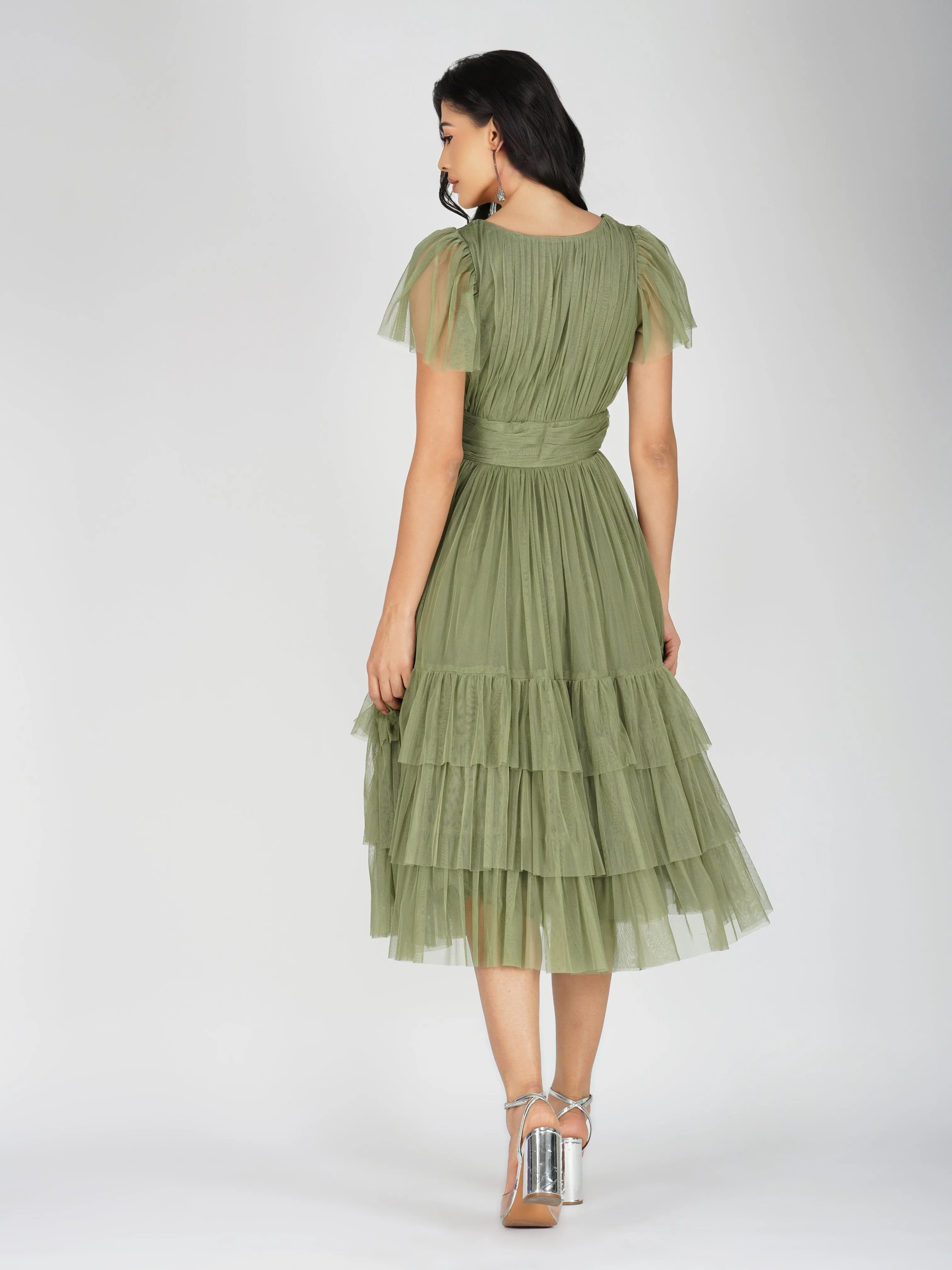 Madison Soft Olive Tulle Bridesmaid Midi Dress