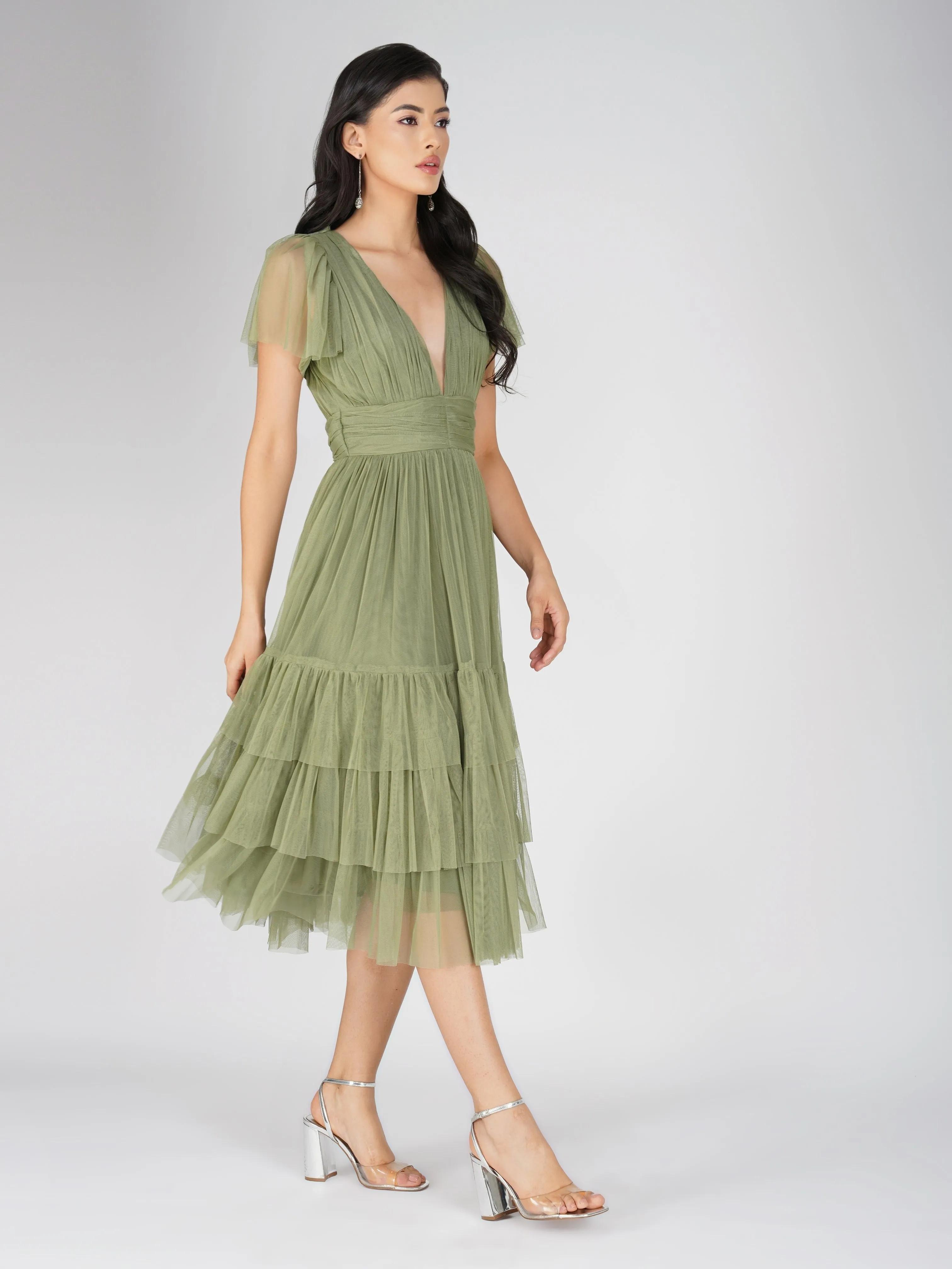 Madison Soft Olive Tulle Bridesmaid Midi Dress