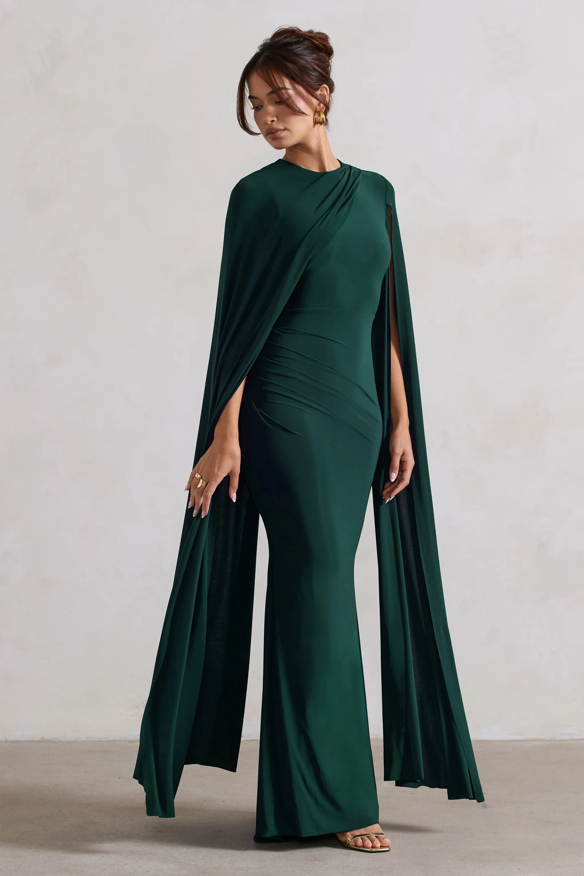 Magdelena | Bottle Green Asymmetric Cape Maxi Dress