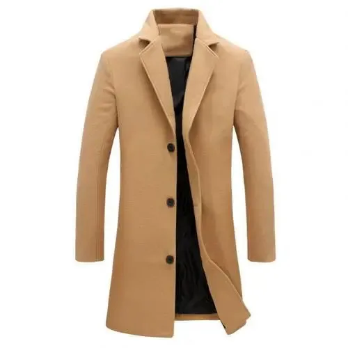 Mens Autumn Winter Solid Colour Single Breasted Lapel Long Casual Overcoat