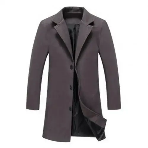 Mens Autumn Winter Solid Colour Single Breasted Lapel Long Casual Overcoat