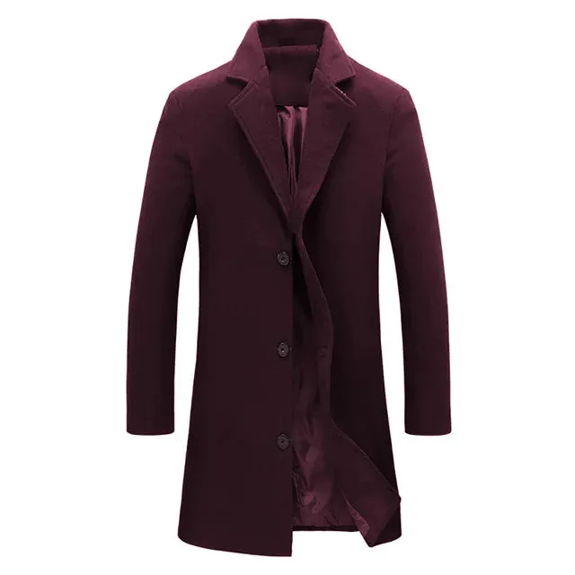 Mens Autumn Winter Solid Colour Single Breasted Lapel Long Casual Overcoat