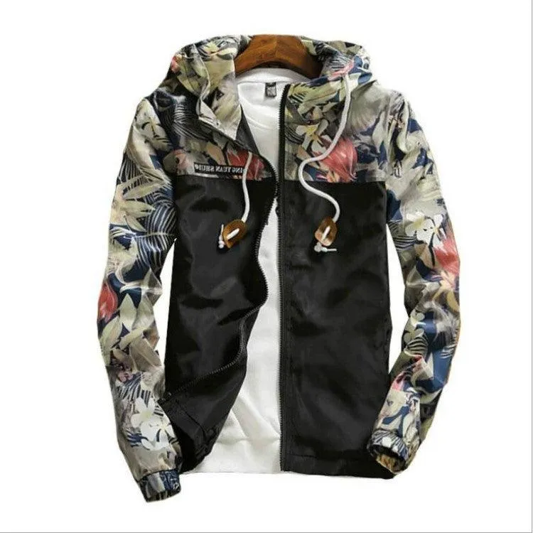 Men's Floral Print Slim Fit Bomber Jacket - Hip Hop Style Hooded Coat