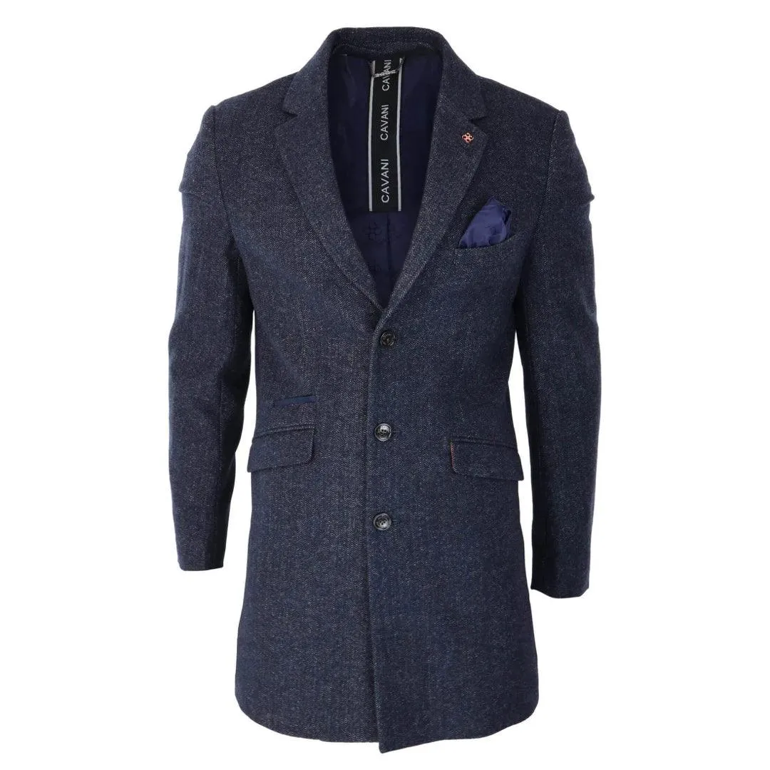 Mens Smart Casual 3/4 Wool Overcoat Jacket Herringbone Tweed 3 Button Coat