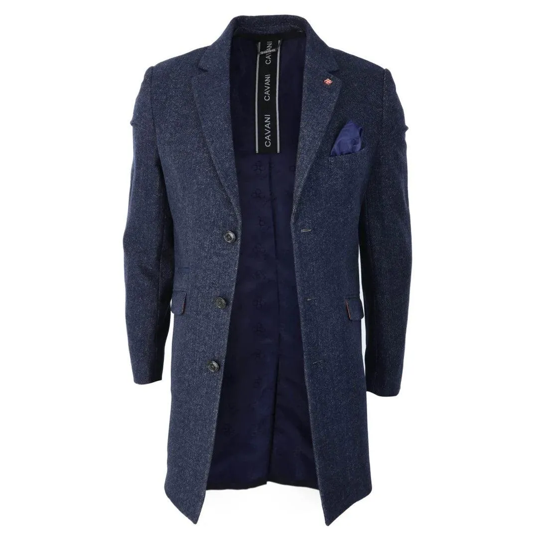 Mens Smart Casual 3/4 Wool Overcoat Jacket Herringbone Tweed 3 Button Coat