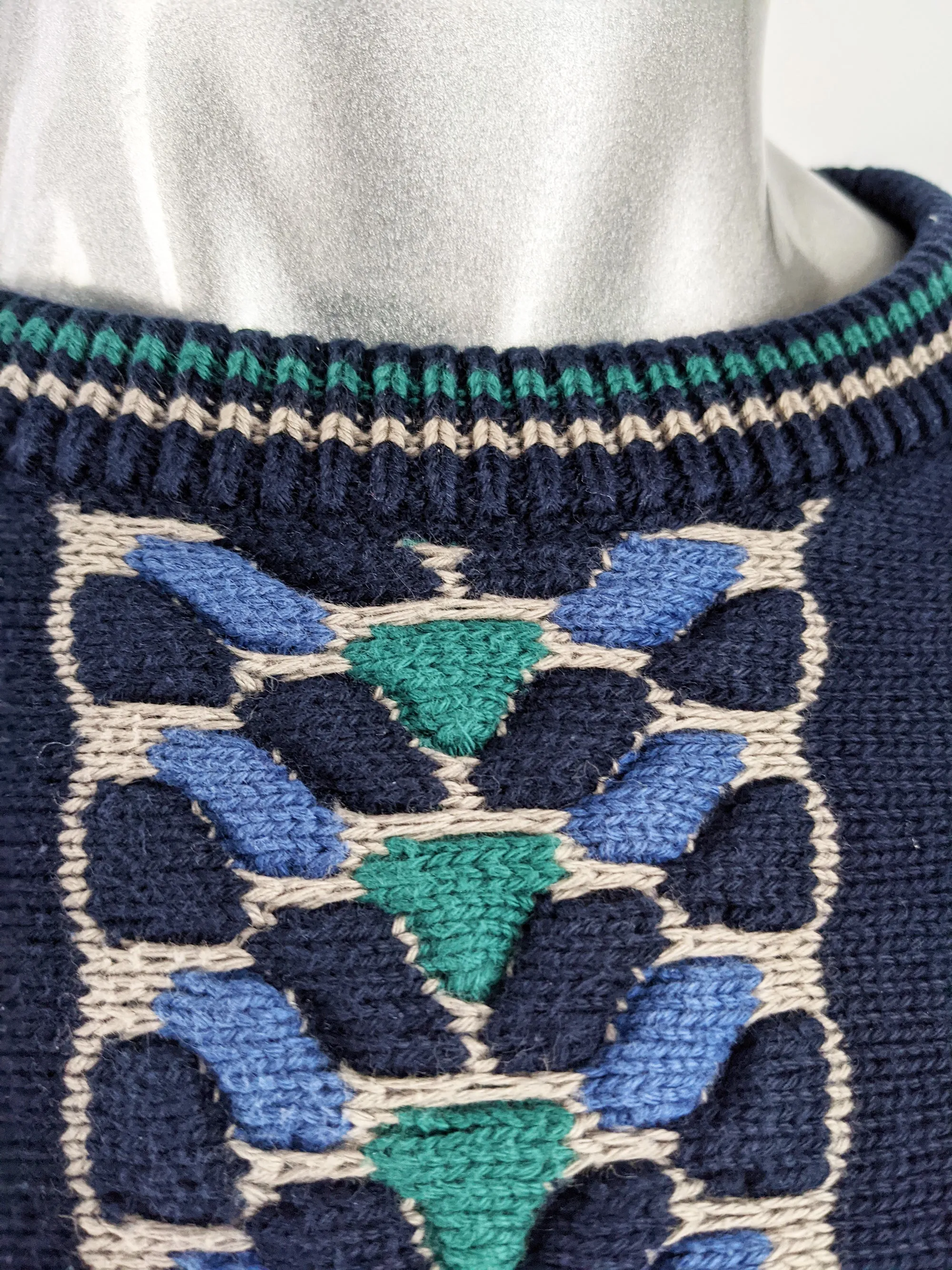 Mens Vintage Blue & Green Bubble Knit Jumper, 1980s