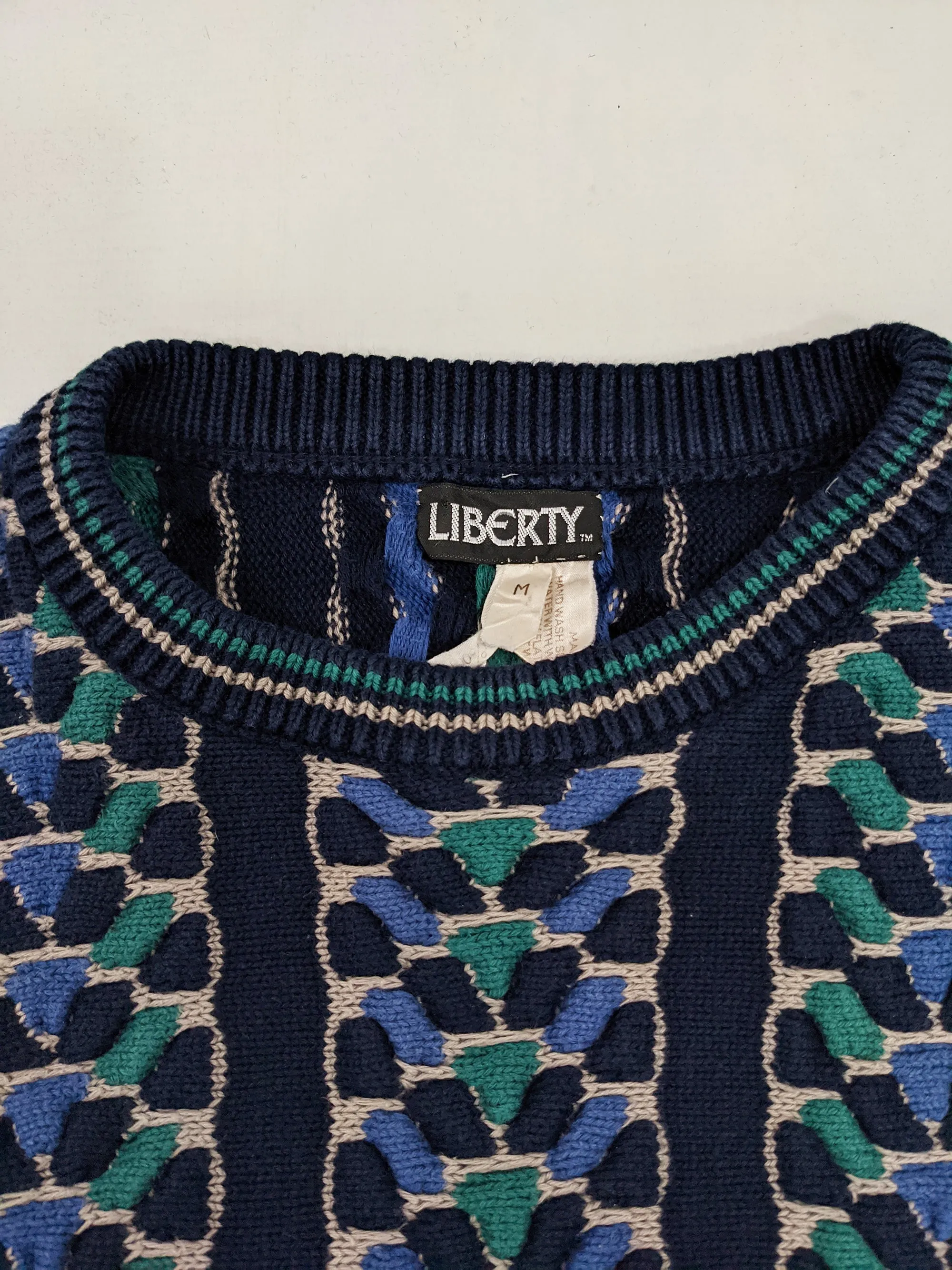 Mens Vintage Blue & Green Bubble Knit Jumper, 1980s