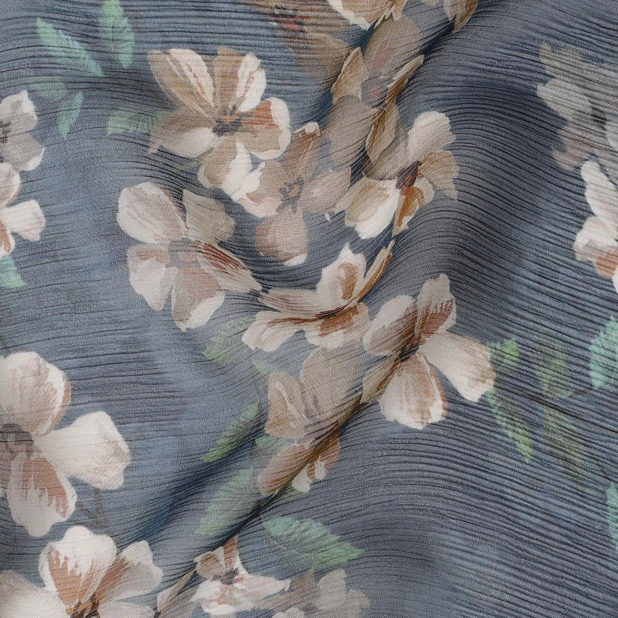 Navy blue Premium pure wrinkle silk chiffon fabric with multicolor print in floral design-D17007