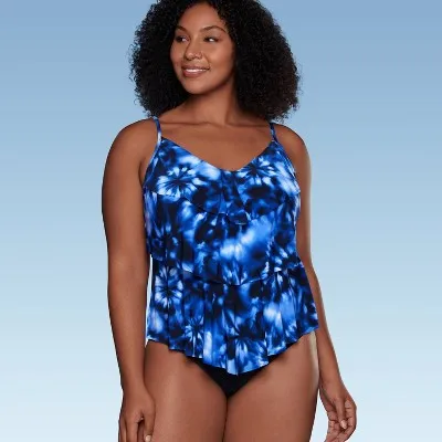 New - Aqua Green Women's Tankini Top Ruffles Tummy Control Swimwear Swimsuit, Blue M