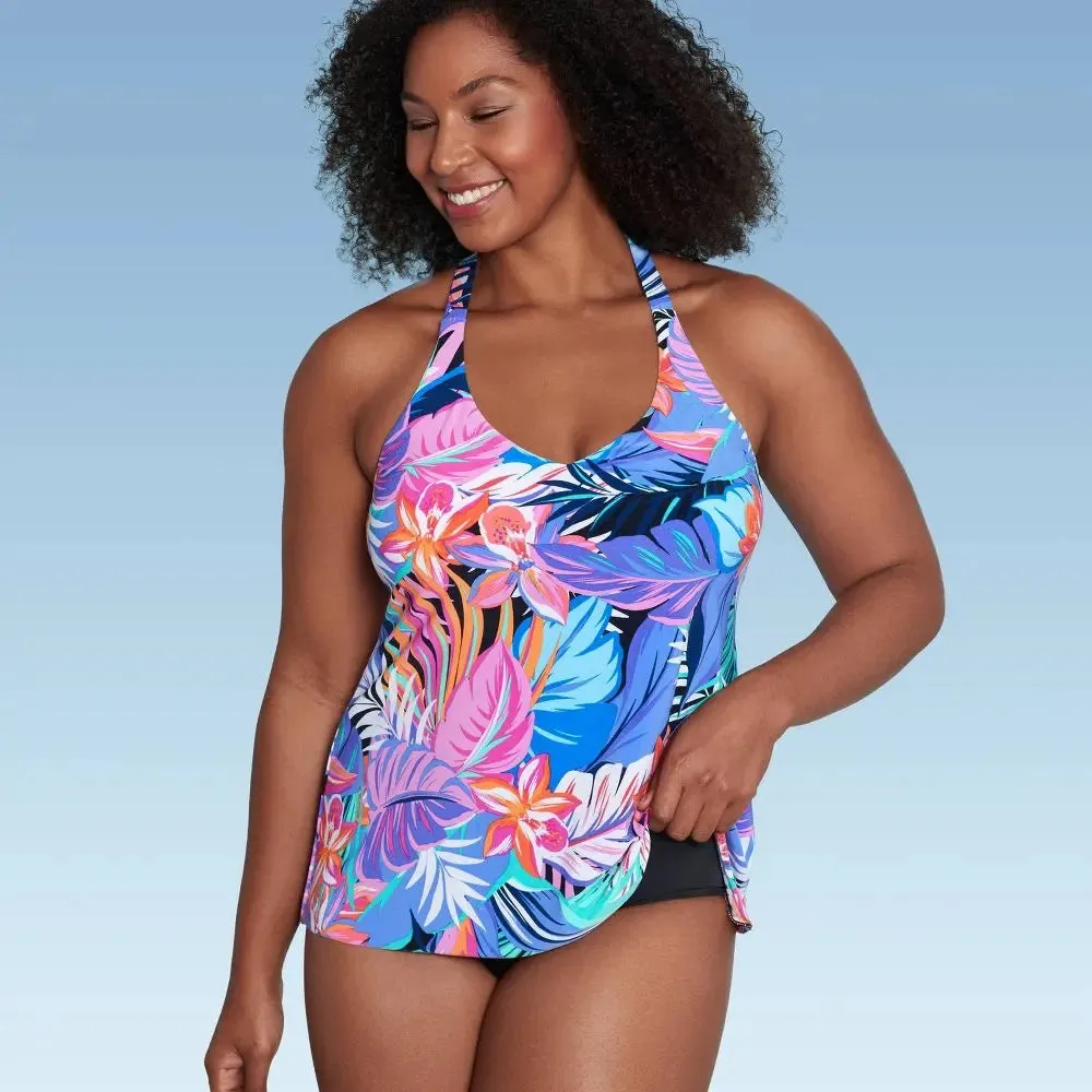 New - Aqua Green Women's V-Neck Tankini Swimwear Tank Top Swimsuit, Tropical Print M