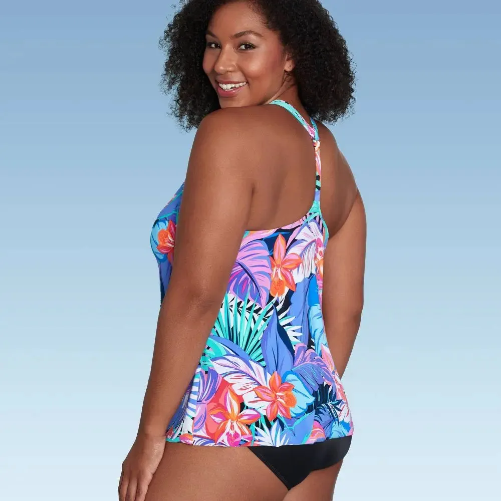 New - Aqua Green Women's V-Neck Tankini Swimwear Tank Top Swimsuit, Tropical Print M